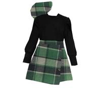 Vestiti vintage per bambine a coste tinta unita camicetta gonna scozzese con cappello set 3 pezzi vestito natalizio ragazza vestito invernale per neonata, Verde, 9-10 Years