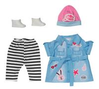 BABY born- Zapf Creation 835258 Deluxe Jeans Kleid 43cm-Puppenkleidung Set mit Puppenkleid, gestreifter Leggings, Rosa Mütze und Schuhen, Tinta Unita