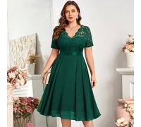 Vestito a balze con scollo a V, in pizzo e chiffon, a forma di A, con stampa, taglia comoda, adatto per occasioni come compleanni, lauree, rientro a scuola e altre occasioni eleganti 0XL,1XL,2XL,3XL,4