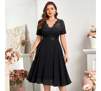 Vestito a balze con scollo a V, stampa in pizzo e chiffon, stile A-line, adatto per occasioni come San Valentino, estate, compleanno, laurea, ritorno a scuola, elegante in nero 0XL,1XL,2XL,3XL,4XLColo