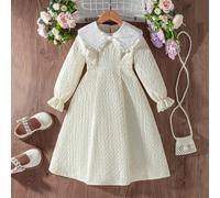 Vestito a blocchi di colore per ragazze giovani con colletto Peter Pan, polsini con volant, dettaglio fiocco, che mostra uno stile dolce e adorabile. Il vestito a media lunghezza con maniche lunghe è