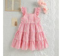 Vestito a bolle con stampa a margherite e quadretti per ragazze di 4-7 anni, silhouette a-line, adatto per le vacanze 6Y,7Y,4Y,5YPianteTessuto