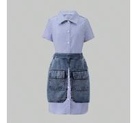 Vestito a camicia a righe per ragazze pre-adolescenti con design in patchwork di jeans, adatto per la scuola, le vacanze, l'uso quotidiano, le riunioni di famiglia, le attività all'aperto, un abito ve