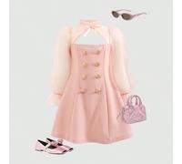 Vestito a collo alto con maniche a sbuffo in rete a contrasto, con fiocco, a doppio petto, a linea A, adatto per la scuola, autunno/inverno, per uso quotidiano, occasioni casual, feste eleganti, compl