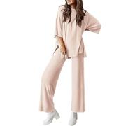 Vestito a due pezzi Aeroporto, Girocollo Camicie Maniche a 3/4 Spacco Laterale Top Vestibilità Larga Con Gamba Dritta Pantaloni Lunghi Abiti Lounge Wear Abiti Activewear Tuta Abbinata Tuta Vacanza