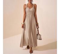 Vestito a fascia marrone lungo con scollo a V, senza maniche, decorato con bottoni in legno, vita arricciata, adatto per festival musicali, Pasqua, San Patrizio, stile western, nomade, feste di comple