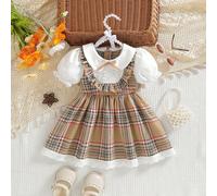 Vestito a-line per bambine con colletto peter pan, maniche a sbuffo e ruches, adatto per uso quotidiano e attività all''aperto 6-9M,9-12M,12-18M,18-24M,2-3Y,3-6MBlocchi di colore,Geometrico,A quadriTe