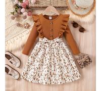 Vestito a-line per ragazze giovani con collo a girocollo a costine, maniche lunghe, orlo floreale, patch e cintura in vita con fiocco, stile carino ed elegante adatto per uso quotidiano, primavera/aut