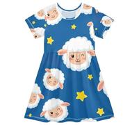 Vestito a maniche corte blu con pecora del fumetto carino per le ragazze del bambino Una linea di maglia UPF50 Sun Safe, 2T, Carino Pecora Cartoon Blu, 7-8 Anni