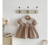 Vestito a maniche corte con colletto Peter Pan e design traforato, vestibilità morbida, per bambine, adatto per primavera/autunno, taglia leggermente oversize 6-9M,9-12M,12-18M,18-24M,2-3YColore unico