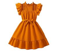 Vestito a maniche corte con volant per ragazze e bambini, tinta unita, cintura con fiocco e punto smock, abiti da scuola formali, estivi, casual, vestiti carini, calzini dorati, taglia 5, Arancione,