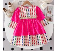 Vestito a maniche lunghe con collo rotondo per bambine, con patchwork a pois, realizzato in tessuto a pois colorati con design vivaci e motivi raffinati, che esprime il fascino e la sofisticatezza inf