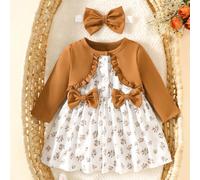 Vestito a maniche lunghe con patchwork floreale e fiocco rosa per neonata, con elegante e dolce fascia per la testa, adatto per attività all'aperto quotidiane e tempo libero in autunno 6-9M,0-1M,1-3M,