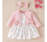 Vestito a maniche lunghe con patchwork floreale e fiocco rosa per neonata, con elegante e dolce fascia per la testa, adatto per attività all'aperto quotidiane e tempo libero in autunno 6-9M,0-1M,1-3M,