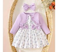 Vestito a maniche lunghe con patchwork floreale e fiocco rosa per neonata, con fascia elegante, dolce e carina, adatto per attività all'aperto quotidiane e tempo libero in autunno 6-9M,0-1M,1-3M,3-6MA