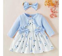 Vestito a maniche lunghe con patchwork floreale e fiocco rosa per neonata, con fascia elegante, dolce e carina, adatto per attività all'aperto quotidiane e tempo libero in autunno 6-9M,0-1M,1-3M,3-6MF