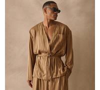Vestito a maniche lunghe con tasche frontali, spalle scese, in tessuto a righe stile satin, con cintura in vita, essenziale per la primavera/estate L,M,S,XL,XXLA strisceTessuto intrecciato