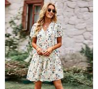 Vestito Abito Donna Corto Bohemian Beige Rosa Fiori Morbido Boho Chic 51656