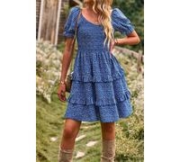 Vestito Abito Donna Corto Bohemian Blu Fiori Morbido Leggero Boho Chic 51949