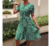 Vestito Abito Donna Corto Bohemian Verde Fiori Cintura Morbido Boho Chic 50252