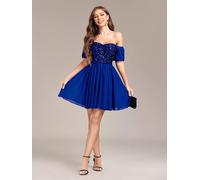 Vestito Abito Donna Corto Elegante Scollato Blu Sera Evento Cerimonia Raso 11221