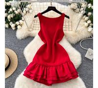 Vestito Abito Donna Corto Elegante Scollato Rosso Mini Raso 33550