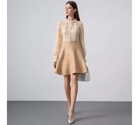 Vestito Abito Donna Corto Raso Morbido Boho Chic Beige Oro Tweed 26397