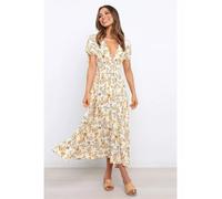 vestito abito donna elegante beige colorato fiori lungo boho bohemian 52572
