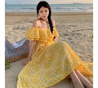 Vestito Abito Donna Elegante Lungo Morbido Boho Bohemian Pizzo gIALLO 53445