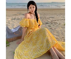 Vestito Abito Donna Elegante Lungo Morbido Boho Bohemian Pizzo gIALLO 53445