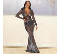 vestito abito donna elegante lungo nero evento sera trasparente 35375