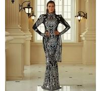 Vestito Abito Donna Elegante Lungo Paillettes Nero Argento Sirena Sera 52359