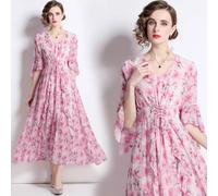 vestito abito donna elegante lungo rosa fiori raso boho bohemian GIPSY 21896