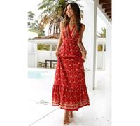 vestito abito donna elegante lungo rosso fiori bohemian Boho - chic 62080