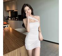 vestito abito donna elegante mini dress scollato aderente corto bianco 33053