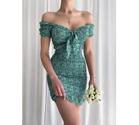 vestito abito donna elegante mini dress scollato verde corto fiori 72717