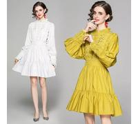 vestito abito donna tubino corto amplio bianco giallo elegante manica A033