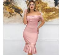 vestito abito donna tubino spalle scoperte fascia al ginocchio pizzo rosa 3907