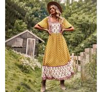 Vestito Abito Elegante Donna Lungo Boho Morbido Bohemian Giallo Beige 51669