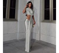 Vestito Abito Elegante Lungo Argento Scollato Paillette Strass Sera Evento 32532