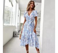 Vestito Abito Elegante Lungo Boho Morbido Bohemian Azzurro Fiori Spacco 51666