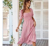 Vestito Abito Elegante Lungo Boho Morbido Bohemian Rosa Scacchi 51799