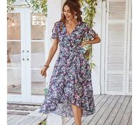 Vestito Abito Elegante Lungo Boho Morbido Bohemian Viola Fiori Spacco 51666