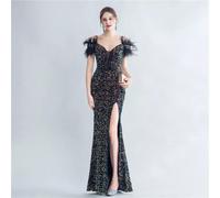 Vestito Abito Elegante Lungo Elegante Sera Evento Nero Oro Strass Pailette 81642