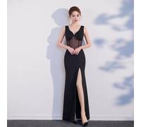 Vestito Abito Elegante Lungo Evento Fascia Sirena Nero Trasparente Spacco 54203