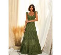 Vestito Abito Elegante Lungo Evento Fascia Sirena Verde Pizzo Trasparente 55914