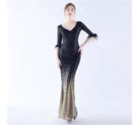 Vestito Abito Elegante Lungo Nero Oro Strass Spacco Strascico Evento 01877
