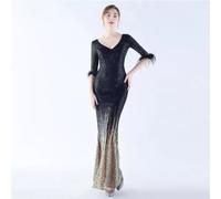 Vestito Abito Elegante Lungo Nero Oro Strass Spacco Strascico Evento 01877