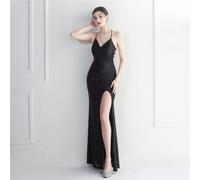 Vestito Abito Elegante Lungo Nero Strass Spacco Aderente Sera Evento 02096