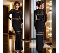 Vestito Abito Elegante Lungo Nero Trasparente Raso Morbido Sera Evento 23279